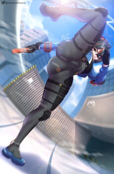 1girl absurdres ass black_gloves black_hair black_pants blue_jacket blush commission full_body gloves gun high-waist_pants highres holding holding_gun holding_weapon jacket leg_up long_sleeves looking_at_viewer multicolored_hair open_clothes open_jacket orange_eyes outdoors pants police police_uniform policewoman red_hair red_streaks signature sky solo split standing standing_on_one_leg standing_split streaked_hair thick_thighs thighs tight_clothes tight_pants twitter_username two-tone_hair vaeneriknaarla weapon zenless_zone_zero zhu_yuan