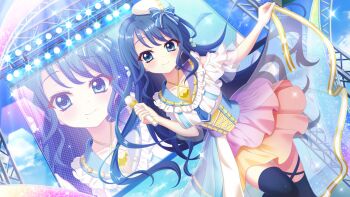 1girl beret black_thighhighs blue_corset blue_eyes blue_hair blue_hat blue_necktie blue_ribbon blue_skirt blue_sky closed_mouth collarbone concert corset dot_nose dutch_angle film_grain frilled_shirt frills futaba_shiho game_cg gradient_clothes gradient_skirt hand_up hat hat_ribbon holding holding_microphone idol idol_clothes izumi_tsubasu layered_skirt long_hair microphone mini_hat mole mole_under_mouth multicolored_skirt necktie non-circular_lens_flare non-web_source official_art orange_skirt pink_skirt purple_skirt re:stage! ribbon screen see-through_skirt_layer shirt short_necktie skirt skirt_hold sky smile solo sparkle stage stage_lights standing standing_on_one_leg sunlight thighhighs tilted_headwear two-tone_hat very_long_hair white_hat white_shirt white_skirt yellow_skirt zettai_ryouiki