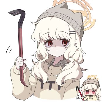 1girl absurdres aoba_(blue_archive) beanie blonde_hair blue_archive brown_hat brown_shirt closed_mouth clothes_writing collared_shirt commentary cropped_torso crowbar empty_eyes fluffy_hair hair_ornament hairclip halo hat highres holding holding_crowbar long_hair long_sleeves looking_at_viewer low_twintails official_alternate_costume orange_halo parallel_hairclips plaid_clothes plaid_shirt puffy_long_sleeves puffy_sleeves red_eyes reference_inset shaded_face shirt simple_background sweater twintails vector_(dmlddmld00) white_background yellow_sweater