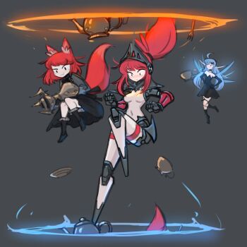 3girls android animal_ears black_dress black_socks blue_hair breasts closed_mouth completely_nude cup deformed dress fairy fairy_wings falling flying fork fox_ears fox_girl fox_tail full_body highres joints mechanical_arms mechanical_legs medium_breasts medium_hair midair multiple_girls navel no_feet nradiowave nude original parted_lips ponytail portal_(object) red_hair robot_joints simple_background size_difference smug socks tail tall_female teapot teleporter visor_(armor) wings