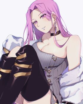 1girl alternate_costume bare_shoulders black_choker blue_eyeshadow blue_lips breasts choker cleavage coat commentary cosplay detached_sleeves dress earrings eyeshadow fate/grand_order fate_(series) grey_dress grey_sweater grin hoop_earrings jewelry knees_up large_breasts long_hair looking_at_viewer makeup medusa_(fate) medusa_(rider)_(fate) mrs._snake_(fate) mrs._snake_(fate)_(cosplay) nikumaki43 off-shoulder_coat off_shoulder pink_eyes pink_hair simple_background single_earring sitting slit_pupils smile solo sweater sweater_dress trait_connection white_background white_coat