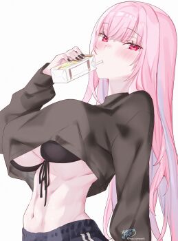 1girl absurdres bikini black_bikini black_jacket black_nails black_pants blush breasts commentary drinking drinking_straw english_commentary front-tie_bikini_top front-tie_top highres hololive hololive_english jacket kamiya_maneki large_breasts long_hair long_sleeves looking_at_viewer mori_calliope navel pants pink_eyes pink_hair signature simple_background solo stomach swimsuit twitter_username virtual_youtuber white_background