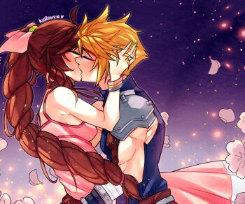 1boy 1girl aerith_gainsborough armor armored_gloves artist_name bandaged_arm bandages bangle bare_shoulders belt blonde_hair blue_shirt blush bracelet braid braided_ponytail breasts brown_belt brown_hair cherry_blossoms choker closed_eyes cloud_strife couple dress falling_petals final_fantasy final_fantasy_vii final_fantasy_vii_rebirth final_fantasy_vii_remake flower hair_between_eyes hair_bobbles hair_ornament hair_ribbon hand_in_another's_hair hetero jewelry kiss kurohyn long_dress long_hair materia medium_breasts parted_bangs pauldrons petals pink_dress pink_flower pink_petals pink_ribbon ribbon shirt short_hair shoulder_armor sidelocks single_braid single_pauldron sleeveless sleeveless_dress sleeveless_turtleneck spaghetti_strap spiked_hair suspenders turtleneck upper_body