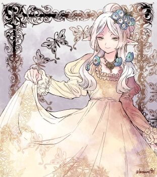 Rule 34 | 1girl, blue flower, bug, butterfly, commentary request, cowboy shot, dress, earrings, elf, flower, frieren, grey background, grey eyes, grey hair, hair flower, hair ornament, hair over shoulder, half-closed eyes, highres, insect, jewelry, juliet sleeves, light smile, long dress, long hair, long sleeves, nanahachi 77889, necklace, parted bangs, pointy ears, ponytail, puffy sleeves, solo, sousou no frieren, twitter username, yellow dress