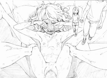 1boy 1girl armpit_crease armpits barefoot before_and_after blush censored closed_eyes collarbone crying cum cum_in_mouth cum_on_body dot_nose drooling eyebrows facial facing_viewer flat_chest hands_up hetero holding_hands leg_grab legs_up loli messy_hair monochrome mosaic_censoring navel nipples nude open_mouth original penis pov pov_hands pussy rape rubbing_eyes saliva sequential sex shoes short_hair short_shorts shorts sobbing solo_focus spread_legs tears teeth tky_(kou_taku) tongue vaginal veins