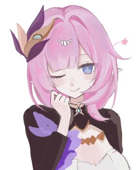 1girl ;p black_shrug blue_eyes commentary_request corset elf elysia_(honkai_impact) elysia_(miss_pink_elf)_(honkai_impact) hair_ornament highres honkai_(series) honkai_impact_3rd licking_lips long_hair looking_at_viewer one_eye_closed pink_hair pointy_ears shrug_(clothing) simple_background solo toha_tm11 tongue tongue_out upper_body very_long_hair white_background white_corset