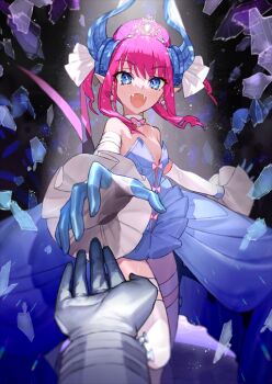 1girl 1other :d ambiguous_gender bare_shoulders blue_dress blue_eyes blue_horns blue_skin blush bow bow_choker breasts choker colored_extremities colored_skin crinoline detached_sleeves dress dynamic_pose earrings elizabeth_bathory_(cinderella)_(fate) elizabeth_bathory_(fate) fangs fate/grand_order fate_(series) feet_out_of_frame fingerless_gloves forked_tail frilled_sleeves frills game_cg gloves hair_bun hoop_skirt horns jewelry leg_up long_dress long_sidelocks looking_at_viewer official_art open_mouth outstretched_arms pink_bow pink_hair pointy_ears pov pov_hands short_hair short_hair_with_long_locks showgirl_skirt sidelocks single_hair_bun sleeveless sleeveless_dress small_breasts smile solo_focus spotlight strapless strapless_dress tail thighhighs third-party_source tiara wada_arco white_choker white_gloves white_sleeves white_thighhighs
