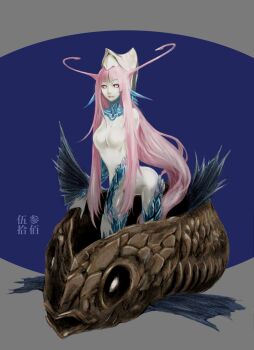 1girl bad_id evolutionary_line feebas female_focus fins fish fish_girl fossil gen_3_pokemon image_sample ishinarimaru_shouten milotic monster_girl nintendo no_nipples personification pink_eyes pink_hair pixiv_sample pokemon resized scales solo