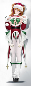 1girl absurdres belt black_belt black_shoes blackcat_enjia blue_eyes breasts brown_hair christmas closed_mouth cross cross_earrings earrings full_body green_ribbon hairpods hands_up hat highres jewelry large_breasts looking_at_viewer neon_genesis_evangelion pantyhose pom_pom_(clothes) red_nails ribbon santa_hat shoes socks souryuu_asuka_langley standing two_side_up white_pantyhose white_socks