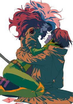 1boy 1girl artist_request bodysuit colored_bangs gambit gloves green_bodysuit green_headband headband highres jacket leather leather_jacket marvel multicolored_bodysuit multicolored_hair rogue_(x-men) short_hair smile superhero_costume two-tone_hair x-men x-men:_the_animated_series x-men_'97 yellow_bodysuit yellow_gloves