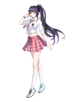1girl :| absurdres adjusting_hair badge black_hair black_scrunchie bracelet closed_mouth closers collared_shirt crossed_legs full_body hair_ornament hair_scrunchie hand_up highres idol jewelry kneehighs long_hair looking_at_viewer midriff miniskirt navel necktie official_art pink_necktie pink_skirt plaid_clothes plaid_necktie plaid_skirt pleated_skirt pointy_ears ponytail purple_eyes school_uniform scrunchie shirt shoes short_sleeves simple_background skirt sneakers socks solo standing tachi-e triss_(closers) white_background white_shirt white_shoes white_socks