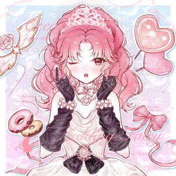 Rule 34 | 1girl, bare shoulders, black bow, black gloves, blue background, blush, border, bow, bow choker, bowtie, bracelet, brown eyes, bubble, candy, chinese commentary, choker, commentary request, corset, cowboy shot, cyfrost, donut, dot nose, dress, eyelashes, flower, flower bracelet, flower necklace, food, frilled choker, frills, gloves, gradient background, heart, heart-shaped food, heart-shaped lollipop, highres, icing, jewelry, light particles, lollipop, long hair, necklace, nikki (nikki), nikki (series), one eye closed, open mouth, outline, outside border, parted bangs, pink background, pink hair, sample watermark, shaped lollipop, shining nikki, silky sweet dream (shining nikki), solo, standing, straight-on, strapless, strapless dress, teeth, tiara, too many watermarks, upper teeth only, waist bow, watermark, wavy hair, white border, white bow, white bowtie, white choker, white corset, white dress, white flower, white outline