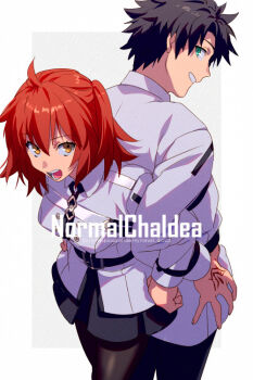 1boy 1girl ahoge back-to-back belt black_hair black_pants black_pantyhose black_skirt breasts chaldea_uniform collared_shirt command_spell commentary_request echo_(circa) fate/grand_order fate_(series) fujimaru_ritsuka_(female) fujimaru_ritsuka_(male) green_eyes grin long_sleeves looking_at_viewer looking_back medium_breasts one_side_up open_mouth orange_eyes orange_hair pants pantyhose shirt short_hair skirt smile thighs white_shirt