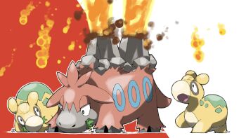 :o animal_focus blacknirrow camerupt eating eruption full_body gen_3_pokemon grass highres lava nintendo no_humans numel open_mouth outline pokemon pokemon_(creature) pokemon_focus simple_background two-tone_background white_outline