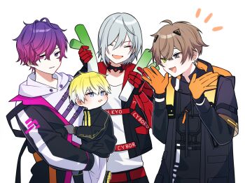 Rule 34 | 4boys, aged down, alban knox, alban knox (1st costume), belt, black coat, black gloves, black jacket, black shirt, blonde hair, blue eyes, brown hair, closed eyes, coat, commentary request, facial tattoo, food, fulgur ovid, fulgur ovid (1st costume), gloves, gradient hair, grey eyes, grey hair, heterochromia, holding, holding food, hood, hoodie, jacket, male focus, mechanical arms, multicolored hair, multiple belts, multiple boys, nana72710193, nijisanji, nijisanji en, noctyx, open mouth, orange gloves, parted lips, pink eyes, pink hair, pouch, purple eyes, purple hair, shirt, simple background, single off shoulder, smile, sonny brisko, spring onion, tattoo, two-sided gloves, uki violeta, uki violeta (1st costume), upper body, virtual youtuber, white background, white hoodie, white shirt, yellow eyes