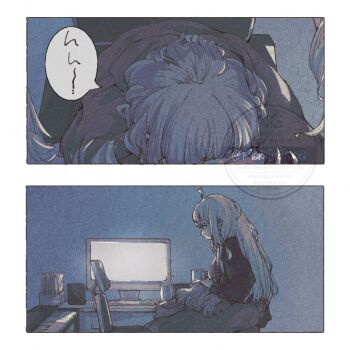 2girls ahoge black_shirt blonde_hair blue_hair bocchi_the_rock! commentary_request cuddling hair_down hood hoodie ijichi_nijika instrument keyboard_(instrument) long_hair monitor moriinakasa multiple_girls shirt short_hair speaker speech_bubble watermark yamada_ryo yuri