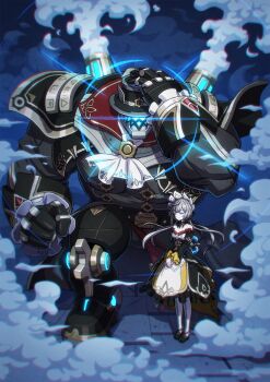 1girl black_dress black_hat commentary diffraction_spikes dress english_commentary genshin_impact glowing glowing_eye half-closed_eyes hand_on_headwear hat highres looking_at_viewer pulonia_(genshin_impact) robot sandrone_(genshin_impact) steam zelo-lee