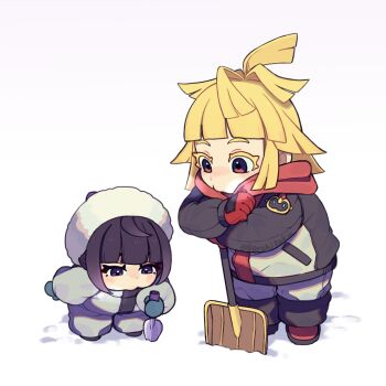 Rule 34 | 1boy, 1girl, absurdres, black coat, black hair, blonde hair, blue gloves, blunt bangs, blush, boots, breath, brother and sister, closed mouth, coat, commentary request, gerokizoku, gloves, grey coat, grey pants, gwynn (pokemon), hat, highres, holding, holding shovel, holding trowel, ivor (pokemon), long hair, long sleeves, multicolored hair, nintendo, pants, pokemon, pokemon legends: z-a, purple eyes, purple hair, red gloves, red scarf, scarf, short hair, shovel, siblings, snow, snow shovel, white coat
