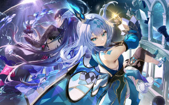 2girls aqua_eyes armpit_crease black_dress black_hair black_shrug blue_dress blue_shoes cerydra_(honkai:_star_rail) chess_piece closed_mouth commentary_request crossed_legs crown detached_sleeves dress fish grey_hair head_ornament highres holding holding_chess_piece honkai:_star_rail honkai_(series) hysilens_(honkai:_star_rail) king_(chess) long_hair looking_at_viewer mini_crown multiple_girls otabaaa queen_(chess) shoes shrug_(clothing) single_thighhigh sleeveless sleeveless_dress smile thighhighs turning_head wings