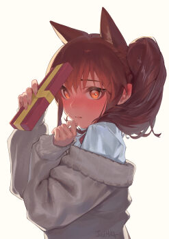 1girl absurdres alternate_costume angelina_(arknights) arknights artist_name blush brown_hair commentary embarrassed english_commentary expressionless gift grey_sweater hair_between_eyes hair_ornament hands_up highres holding holding_gift holding_own_hair long_sleeves looking_at_viewer medium_hair mkrk_mikaerukung no_headwear nose nose_blush off_shoulder shirt simple_background solo sweater twintails upper_body valentine white_background white_shirt