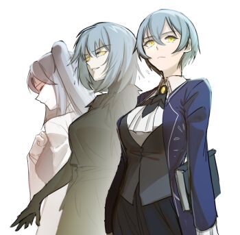 Rule 34 | 3girls, angela (project moon), ascot, black dress, black skirt, black vest, blue coat, blue hair, closed eyes, closed mouth, coat, collared shirt, dress, grin, hashtag-only commentary, helseujang, highres, library of ruina, lobotomy corporation, long hair, multiple girls, multiple persona, one side up, project moon, shirt, short hair, skirt, smile, very long hair, vest, white ascot, white shirt