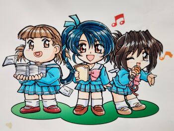 3girls beamed_eighth_notes black_hair blue_hair blue_ribbon blue_serafuku blue_shirt blue_skirt book bow brown_eyes brown_hair brown_shoes chibi chibi_only commentary eighth_note fat fat_woman full_body hair_ribbon highres holding holding_book holding_letter holding_microphone kira_kira_melody_gakuen kokomahi letter lips loafers long_hair looking_at_viewer low_twintails mary_janes microphone multiple_girls musical_note official_art one_eye_closed open_mouth pink_bow pinky_out pleated_skirt ponytail ribbon sailor_collar school_uniform serafuku shirt shoes short_hair short_ponytail short_twintails side_ponytail skirt smile socks standing traditional_media twintails white_background white_sailor_collar white_socks