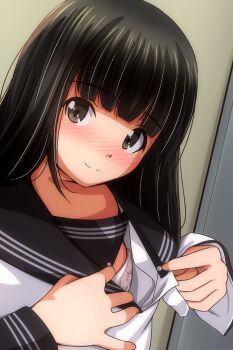 1girl absurdres black_eyes black_hair black_sailor_collar blush bra closed_mouth commentary_request highres long_hair long_sleeves looking_at_viewer matsunaga_kouyou original pink_bra sailor_collar school_uniform serafuku shirt smile solo underwear white_shirt