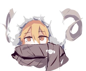 1girl blackcurrant_j blonde_hair brown_scarf commentary covered_mouth don_quixote_(project_moon) english_commentary fur_hood hair_between_eyes heishou_pack-wei_branch_(identity)_(project_moon) horns limbus_company portrait project_moon scarf sheep_horns simple_background solo white_background yellow_eyes