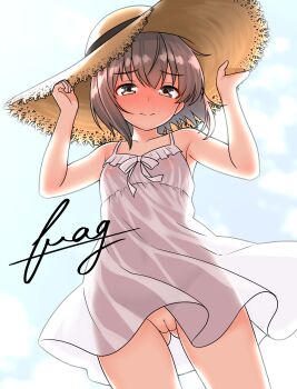 Rule 34 | 1girl, absurdres, alternate costume, brown eyes, brown hair, dress, furaggu (frag 0416), hair between eyes, hat, highres, kantai collection, looking at viewer, no panties, pussy, short hair, smile, solo, straw hat, sundress, white dress, yukikaze (kancolle)