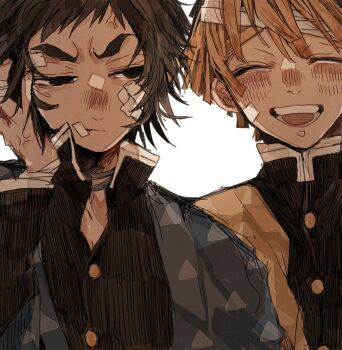 2boys agatsuma_zenitsu black_eyes black_jacket blue_haori demon_slayer_uniform haori high_collar highres jacket japanese_clothes kaigaku kimetsu_no_yaiba looking_at_another looking_to_the_side male_focus multiple_boys open_mouth print_haori short_hair simple_background smile spiked_hair triangle_print veins veiny_hands white_background yakitorisan09 yellow_haori