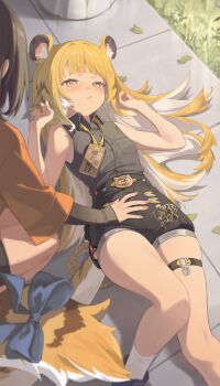 1girl 1other absurdres animal_ear_fluff animal_ears armpits blush bow brown_hair collared_shirt colored_inner_hair green_eyes grey_shirt high-waist_shorts highres ju_fufu loli long_hair lying midori_fufu multicolored_hair on_back orange_fur shirt shorts sleeveless sleeveless_shirt socks striped_fur tail tail_bow tail_ornament thigh_strap tiger_ears tiger_girl tiger_stripes tiger_tail white_socks zenless_zone_zero