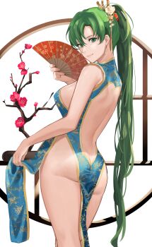 1girl ass back bare_back bare_shoulders blue_dress blush breasts butt_crack dress earrings female_focus fire_emblem fire_emblem:_the_blazing_blade flower_pot folding_fan green_eyes green_hair hair_ornament hand_fan high_ponytail highres holding holding_fan j@ck jewelry large_breasts long_hair looking_at_viewer lyn_(fire_emblem) matching_hair/eyes nintendo no_bra no_panties pelvic_curtain ponytail revealing_clothes simple_background smile solo thighs white_background