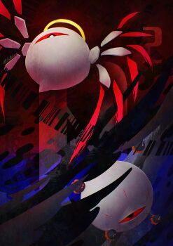 barcode cloud commentary_request dark_background dark_cloud dark_matter_(kirby) halo highres kirby's_dream_land_3 kirby_(series) kirby_64 looking_at_viewer mizusuibo nintendo no_humans one-eyed orange_eyes red_eyes twitter_username wings zero_(kirby) zero_two_(kirby)