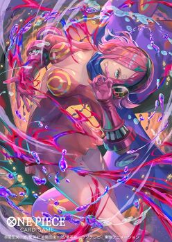 1girl bisaiiiii blue_eyes blue_neckerchief cape commentary_request copyright_name curly_eyebrows dress gloves hair_over_one_eye headphones medium_hair neckerchief official_art one_piece one_piece_card_game parted_lips pink_dress pink_gloves pink_hair plunging_neckline short_dress solo vinsmoke_reiju water