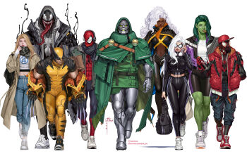 animal_print armor black_cat_(marvel) blonde_hair breasts cape claw_(weapon) coat colored_skin crossover doctor_doom fantastic_four felicia_hardy gloves green_hood green_skin hat highres hood in-hyuk_lee long_hair long_tongue looking_at_viewer marvel marvel_vs._capcom marvel_vs._capcom_3 mask miles_morales monster_boy multiple_boys multiple_girls muscular muscular_female navel pants sharp_teeth she-hulk smile spider-man spider-man_(miles_morales) spider-man_(series) spider-verse spider_print spider_web_print storm_(x-men) sue_storm superhero_costume symbiote teeth tongue tongue_out venom_(marvel) very_long_tongue vest weapon white_hair wolverine_(x-men) x-men yoga_pants