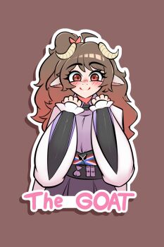 1girl ahoge animal_ears arknights blush brown_hair closed_mouth commentary cropped_torso english_commentary english_text eyjafjalla_(arknights) eyjafjalla_the_hvit_aska_(arknights) goat_girl hands_up highres horns long_hair long_sleeves looking_at_viewer official_alternate_costume parasitictongue purple_shirt red_eyes sheep_ears sheep_girl sheep_horns shirt simple_background skirt smile solo