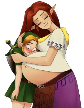 1boy 1girl almeram02 blonde_hair blush breasts closed_eyes cremia female_focus hat highres hug link long_hair medium_breasts navel nintendo pointy_ears pregnant red_hair shield short_hair sword the_legend_of_zelda the_legend_of_zelda:_majora&#039;s_mask weapon young_link