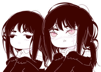 2girls chainsaw_man chibi chibi_only deer60868637 elbow_gloves facial_scar gloves half-closed_eyes knees_up long_hair mitaka_asa monochrome multiple_girls open_mouth pants ringed_eyes scar scar_on_cheek scar_on_face scar_on_nose sitting tank_top yoru_(chainsaw_man)