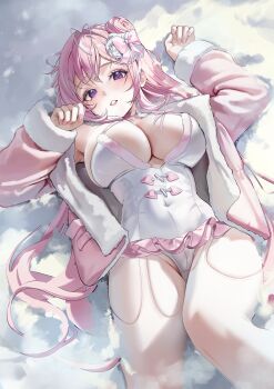 1girl absurdres alternate_costume breasts commentary dorothy_(nikke) english_commentary goddess_of_victory:_nikke hair_bun highres jacket large_breasts leotard long_hair looking_at_viewer lying on_back parted_lips pink_hair pink_jacket purple_eyes single_side_bun snow solo thighhighs uyuri_(89976220) very_long_hair white_leotard white_thighhighs