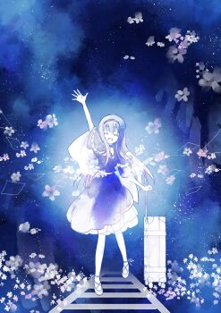 Rule 34 | 1girl, :d, ^ ^, arm at side, arm up, black hairband, blue background, blue camisole, blue capelet, blue skirt, blue theme, bone hair ornament, camisole, capelet, chogi, closed eyes, commentary request, facing viewer, flower, frilled capelet, frills, full body, hair between eyes, hair ornament, hairband, happy, highres, holding, holding suitcase, kushima kamome, limited palette, long hair, open mouth, outstretched hand, pink flower, railroad tracks, rolling suitcase, shoes, simple background, skirt, skull and crossbones, skull hair ornament, smile, solo, standing, straight hair, suitcase, summer pockets, very long hair, waving, white flower, white shoes