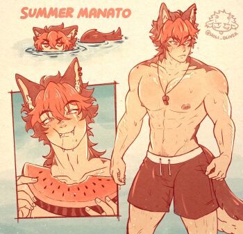 1boy animal_ear_piercing animal_ears beach black_hair black_swim_trunks commentary dog_boy dog_ears dog_tail fangs food fruit highres holi_oliver komano_manato male_focus multicolored_hair muscular muscular_male pubic_hair red_eyes red_hair summer swimsuit symbol-only_commentary tail watermelon whistle zenless_zone_zero