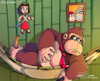 1boy 1girl banana brown_fur brown_hair controller diddy_kong diegoandsmtz donkey_kong donkey_kong_(series) donkey_kong_bananza duct_tape food fruit gorilla highres holding holding_remote_control kid_taped_to_wall_(meme) meme nintendo on_hammock pauline_(mario) pauline_(young)_(mario) photo_(object) remote_control signature