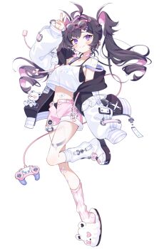 1girl ahoge artist_request bandaid_on_stomach black_hair blush breasts closed_mouth colored_inner_hair controller eyewear_on_head game_controller glasses long_hair loose_socks mirumika_utsutsu multicolored_hair navel official_art open_fly pink_hair pink_shorts purple_eyes shorts slippers smile socks solo stuffed_animal stuffed_toy teddy_bear transparent_background twintails v vebop_project white_slippers white_socks