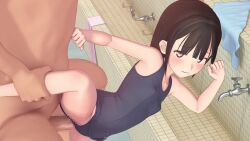 1boy 1girl 3d age_difference animated bare_arms bare_legs bare_shoulders bathroom bittycat blue_one-piece_swimsuit breasts brown_hair censored clothed_female_nude_male clothing_aside copyright_request custom_udon dot_nose hetero highres leg_grab legs loli looking_at_viewer moaning mosaic_censoring non-web_source nude old_school_swimsuit one-piece_swimsuit penis pool school_swimsuit sex sex_from_behind short_hair sink small_breasts sound swimsuit swimsuit_aside tagme vaginal video