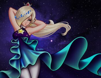 Rule 34 | 1girl, armpits, arms behind head, bare shoulders, blonde hair, blue dress, blue eyes, breasts, brooch, collared halterneck, dress, earrings, expressionless, gem, gradient clothes, gradient dress, highres, jackary, jeweled crown, jewelry, long hair, looking to the side, mario (series), medium breasts, night, nintendo, official alternate costume, pantyhose, rosalina, rosalina (aurora), signature, silver crown, sky, sleeveless, sleeveless dress, space, star (sky), star (symbol), star earrings, strapless, strapless dress, white pantyhose