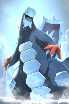 Rule 34 | baxcalibur, claws, colored sclera, commentary request, highres, looking down, nintendo, no humans, open mouth, pokemon, pokemon (creature), pokemon focus, rumine (yoshi1234567), solo, standing, yellow eyes, yellow pupils, yellow sclera