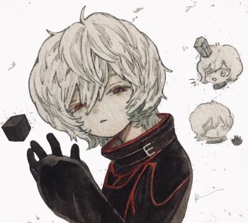 1girl ahoge black_coat black_gloves blush chibi closed_mouth coat commentary_request cube doodle_inset expressionless floating gloves hair_between_eyes half-closed_eyes hand_up hashtag-only_commentary high_collar highres karintoun kuga_yuuma long_sleeves looking_at_viewer messy_hair muted_color painting_(medium) pale_skin paper_texture red_eyes short_hair sidelocks signature simple_background sketch straight-on swept_bangs traditional_media upper_body watercolor_(medium) white_background white_hair world_trigger
