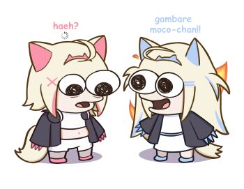 2girls ahoge animal_ears black_eyes black_jacket blue_hair commentary cropped_shirt dog_ears dog_girl dog_tail dress fire full_body fuwawa_abyssgard fuwawa_abyssgard_(1st_costume) hair_ornament hairpin headphones headphones_around_neck highres hololive hololive_english jacket loading_icon long_hair looking_at_another mococo_abyssgard mococo_abyssgard_(1st_costume) moon_ldl multicolored_hair multiple_girls open_mouth pink_hair romaji_text shorts siblings sisters smiling_friends standing streaked_hair tail twins two_side_up virtual_youtuber white_background white_dress white_shorts x_hair_ornament