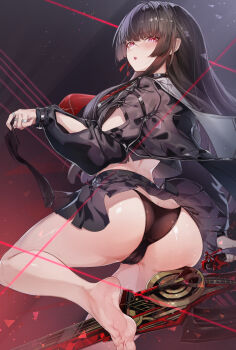 1girl arm_cutout ass bare_legs barefoot black_choker black_hair black_jacket black_panties black_skirt black_socks blush breasts cameltoe chisa_(wuthering_waves) choker clothing_cutout commentary_request feet from_behind hair_ribbon highres holding holding_sock holding_sword holding_weapon jacket large_breasts legs long_hair long_sleeves looking_at_viewer looking_back mole mole_under_eye neckerchief paid_reward_available panties parted_lips partial_commentary red_eyes red_neckerchief red_ribbon ribbon sailor_collar skirt socks soles solo sword thighs toes underwear unworn_socks ura_illust weapon white_sailor_collar wuthering_waves