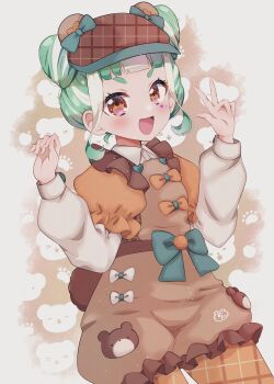 1girl :d animal_print bear_hat bear_print bear_tail blue_bow blunt_bangs bow brown_shirt chii_(chi_pppuri) chimumu collared_shirt commentary_request cowboy_shot double_bun green_hair hair_bun hands_up hat highres long_sleeves looking_at_viewer multicolored_hair newsboy_cap open_mouth orange_bow pantyhose pretty_series red_eyes shirt short_hair sidelocks smile solo standing star_(symbol) star_sticker sticker sticker_on_face streaked_hair tail w waccha_primagi! white_hair